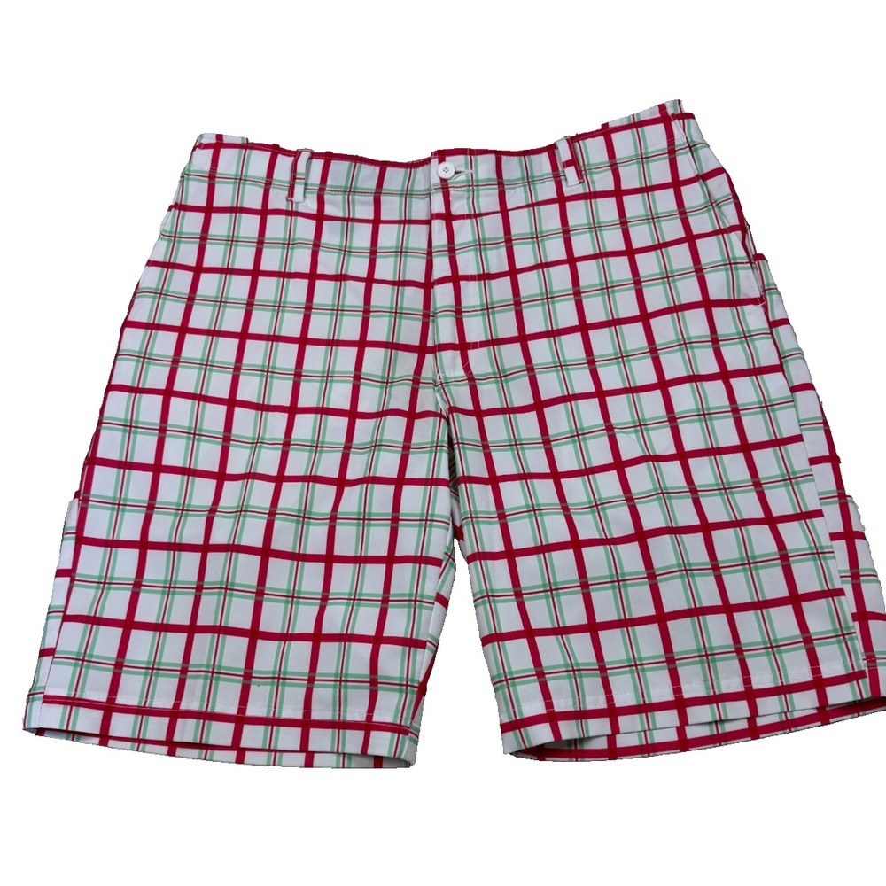 Golf America Mens Plaid Golf Shorts Red Green White Performance 34x10